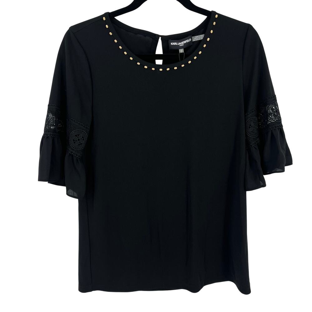 Karl Lagerfeld Black Bell Sleeve Wood Bead Neckline Shirt Womens Size Small